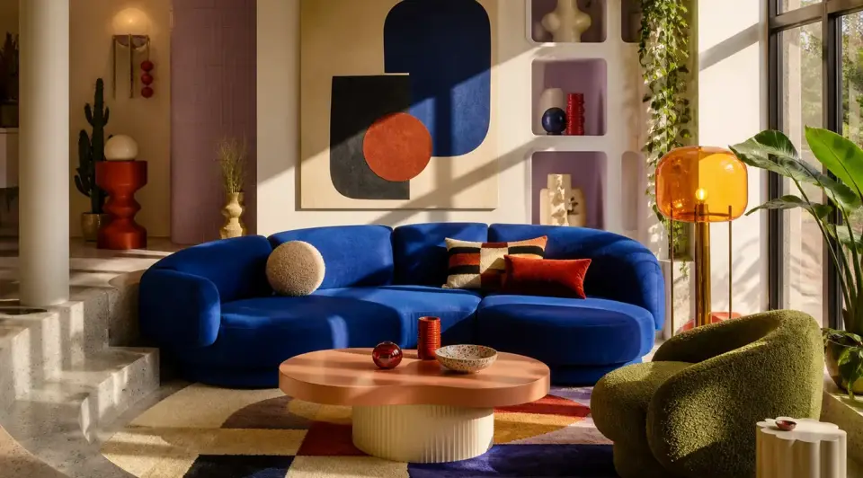 Retro-modern living room with strong light from a side window