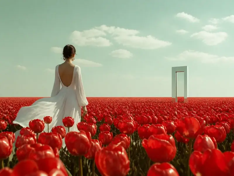 Woman in white walking through red tulips toward a freestanding doorway
