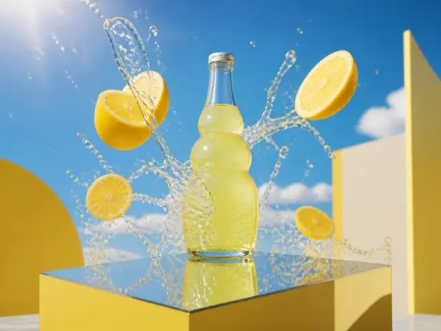 Lemon soda, sliced lemons, and splashing water on a yellow mirrored stage
