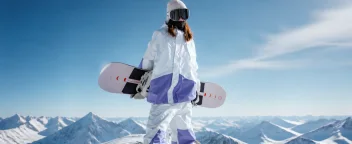 Snowboarder showing white and lilac outerwear on an alpine ridge
