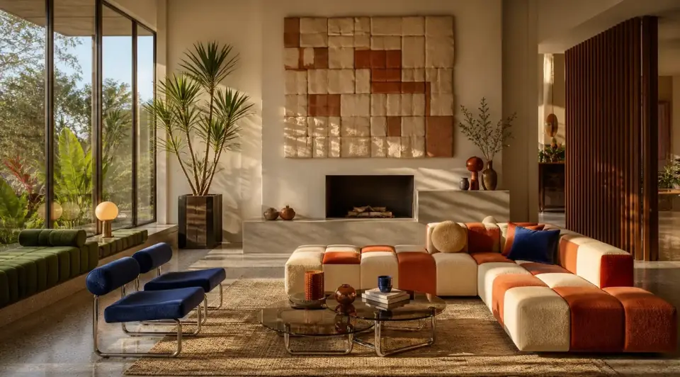 Recreated living room with an orange modular sofa and a blue lounge chair