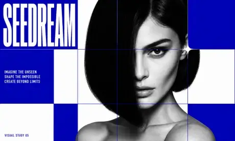 Seedream 5.0 Pro monochrome fashion portrait on a blue grid