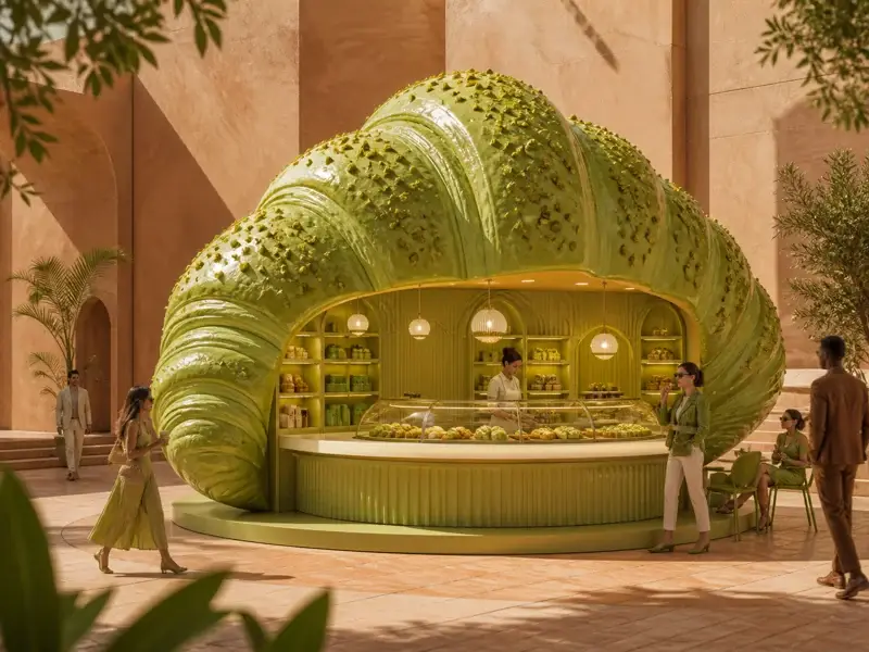 Pistachio-shaped dessert shop in a sunlit courtyard