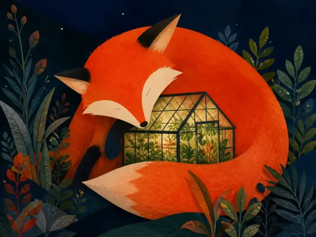 A sleeping fox curled around a glowing greenhouse in a night forest