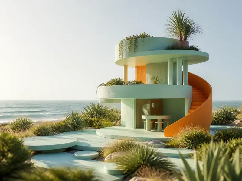 Mint-green seaside house with an orange spiral staircase