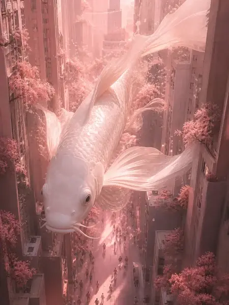 A giant translucent koi floating over a pink tree-lined street