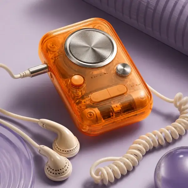 Transparent orange music player and headphones on a lavender surface