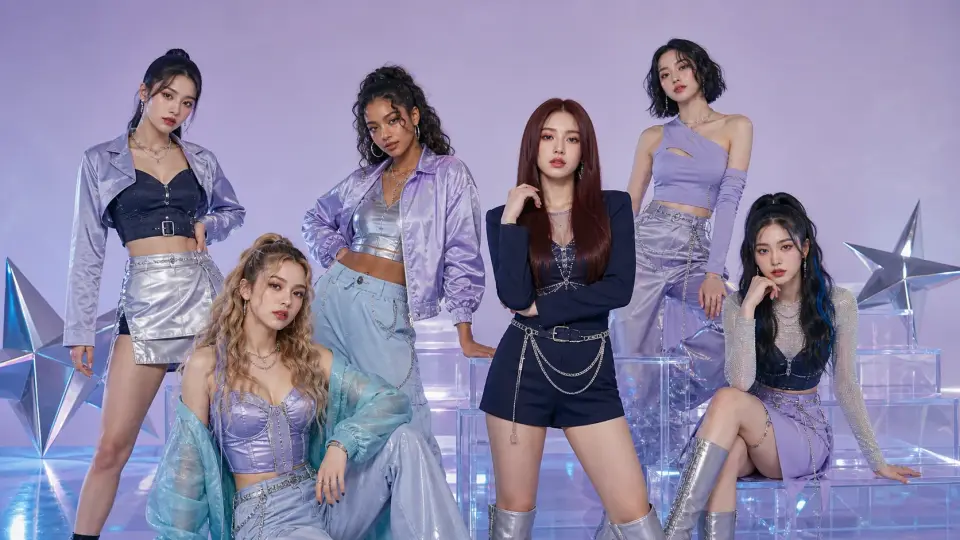 Girl-group portrait with a member’s hair changed to long brown hair