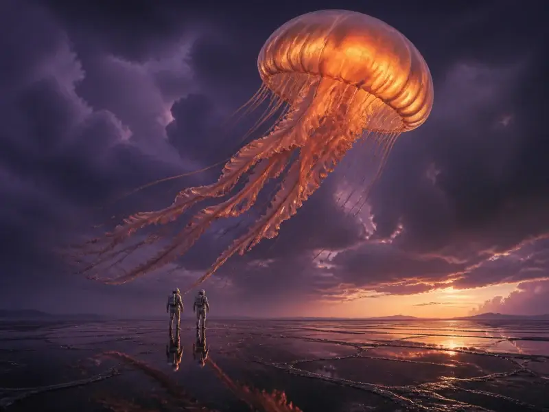An enormous glowing jellyfish floating above two explorers at sunset
