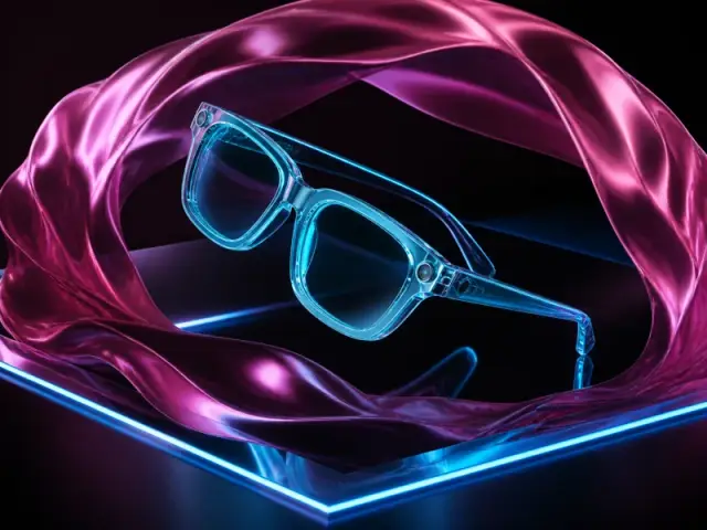 Transparent cyan eyewear on flowing magenta fabric under neon light