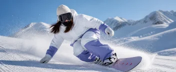 Snowboarder carving low across an alpine slope