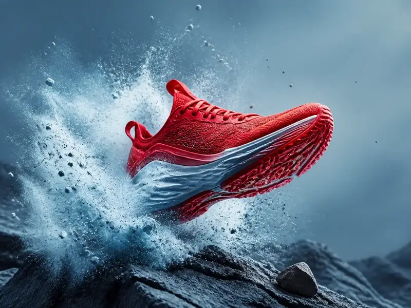 A red running shoe emerging from splashing water above dark rocks